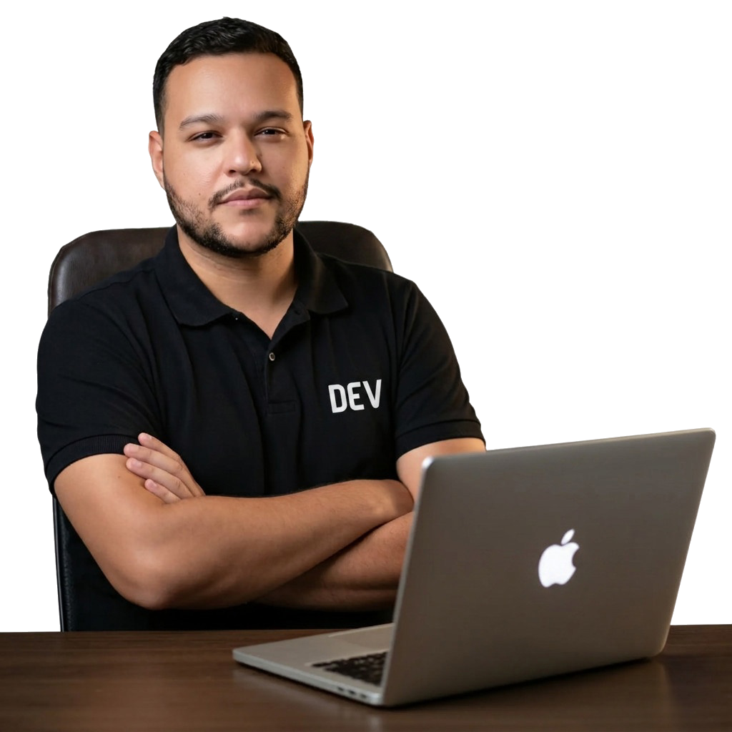 João Vitor, desenvolvedor full stack, de braços cruzados com um notebook